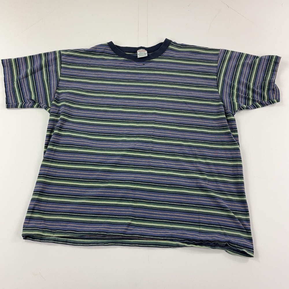 Vintage Unionbay Shirt Mens XL Blue Green All Over Striped Crewneck Tee USA